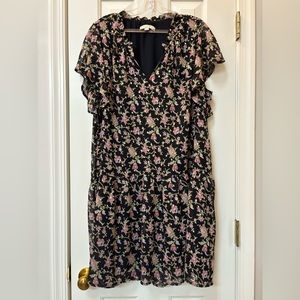 LOFT Navy Floral V-Neck Short Sleeve Dress